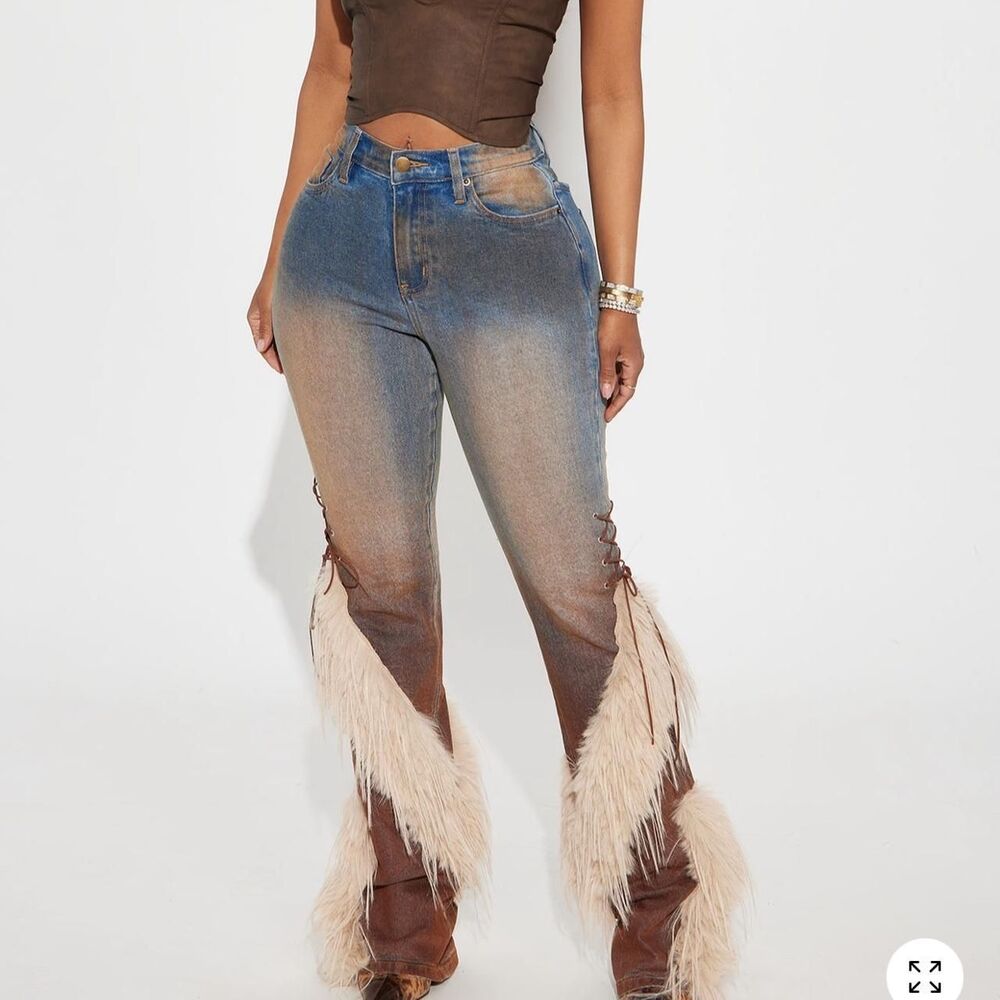 FASHIONNOVA PLUS SIZE 22 Western Cowgirl Rodeo Lace Up Faux Fur Jeans  Fringe